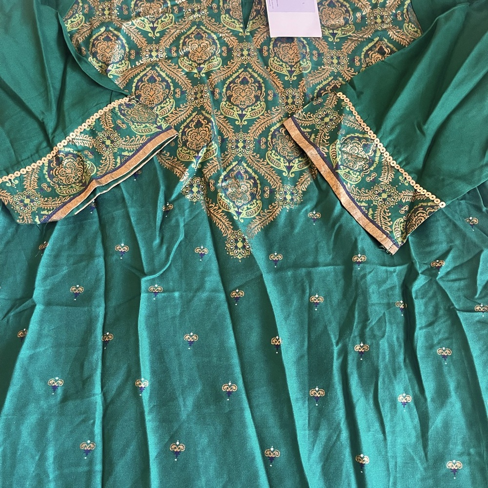 Aurelia brand green with gold sequence work and print details